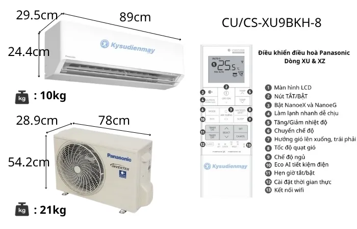 Thông số kỹ thuật điều hoà Panasonic 9000BTU CU/CS-XU9BKH-8